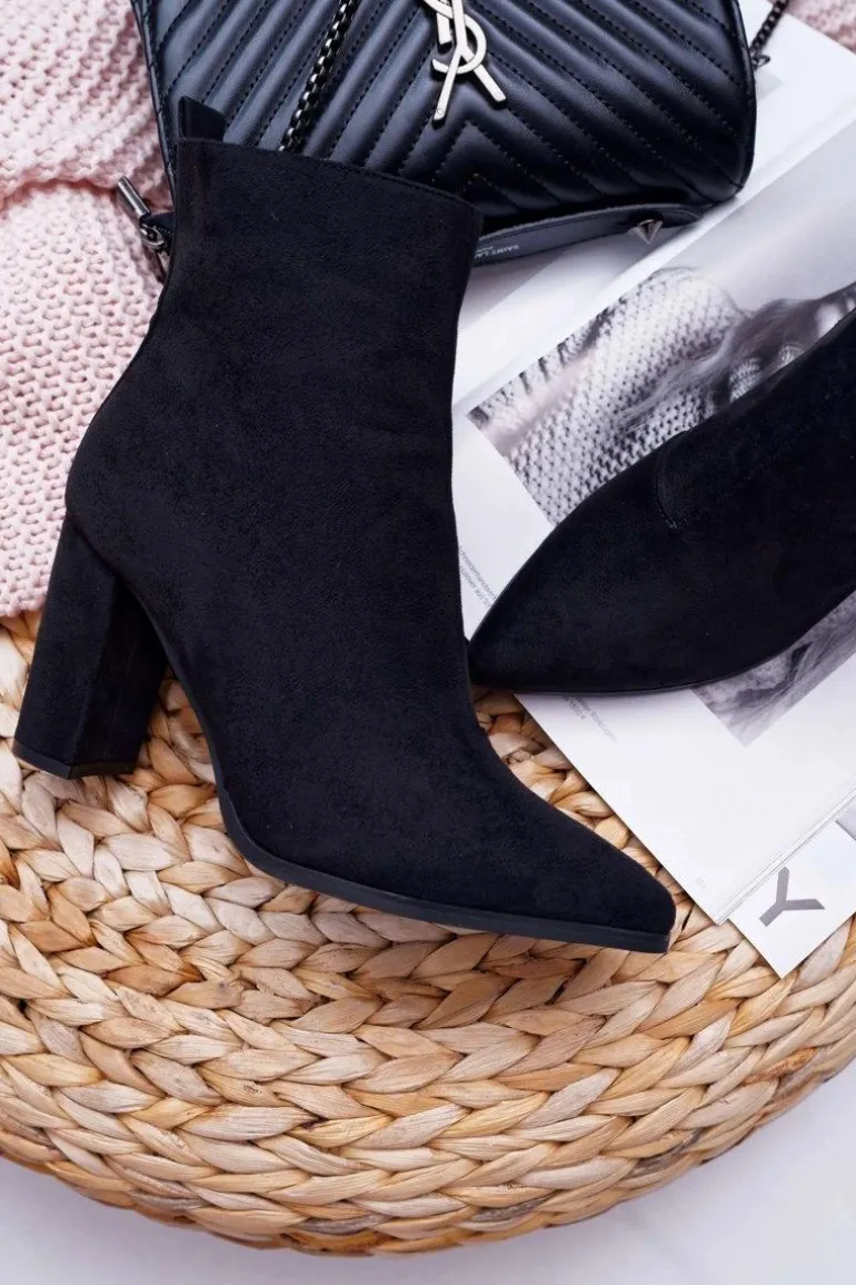 Botki Damskie Na Słupku Suwak W Szpic Zamszowe Czarne Ferol