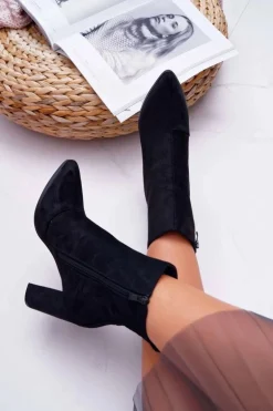 Botki Damskie Na Słupku Suwak W Szpic Zamszowe Czarne Ferol