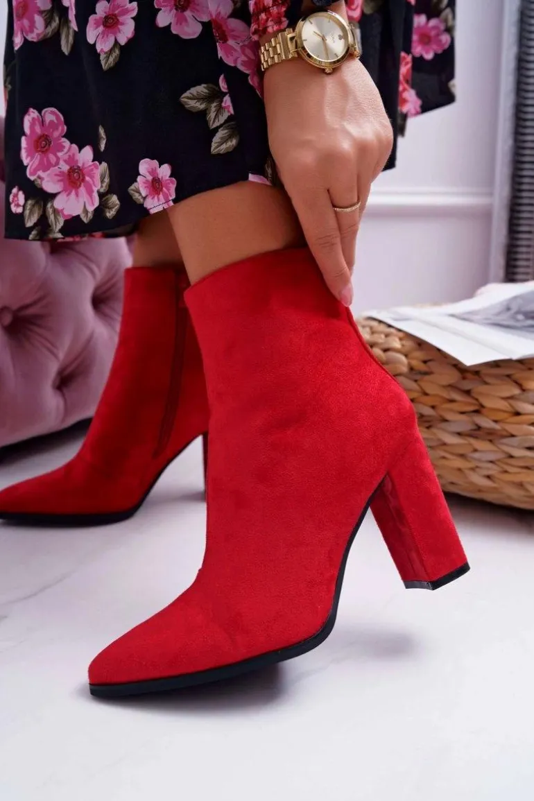 Botki Damskie Na Słupku Suwak W Szpic Czerwone Ferol