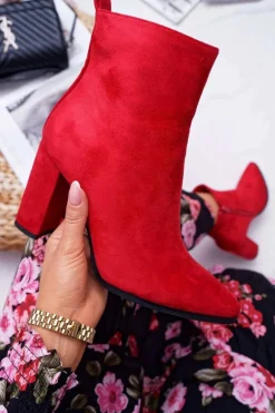 Botki Damskie Na Słupku Suwak W Szpic Czerwone Ferol