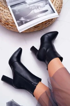 Botki Damskie Na Słupku Suwak W Szpic Czarne Ferol