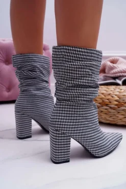 Botki Damskie Na Słupku w Pepitkę Biało Czarne Vibe