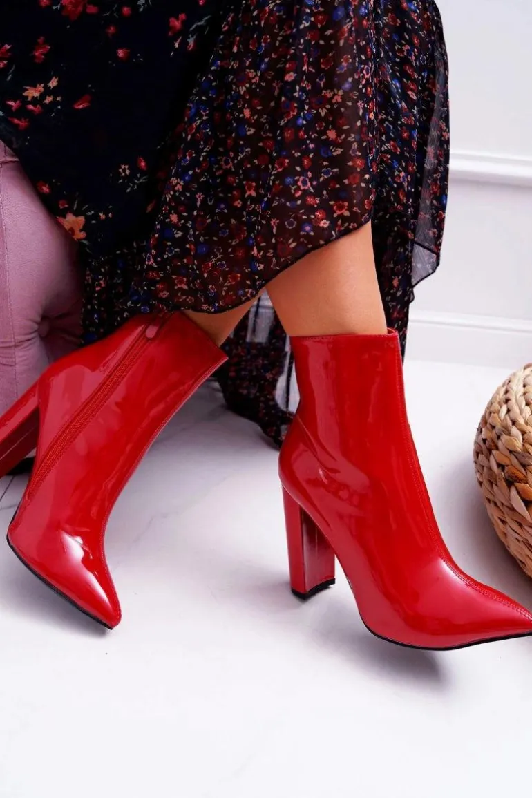 Botki Damskie Na Słupku W Szpic Lakierowane Czerwone Demens