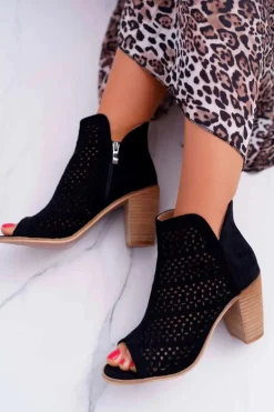 Botki Damskie Na Słupku Wiosenne Czarne Matty2