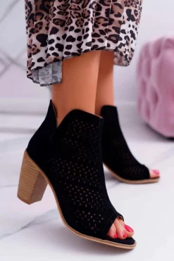 Botki Damskie Na Słupku Wiosenne Czarne Matty2