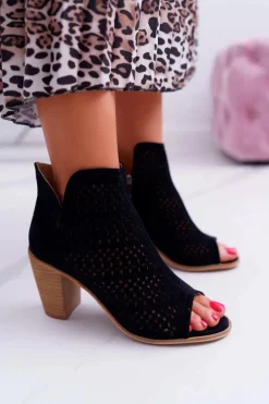 Botki Damskie Na Słupku Wiosenne Czarne Matty2