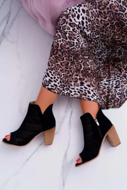 Botki Damskie Na Słupku Wiosenne Czarne Matty2