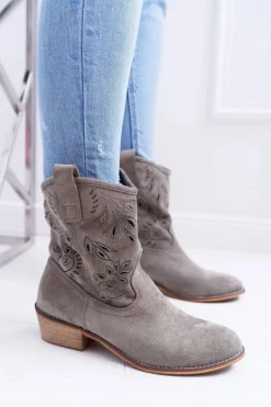 Botki Damskie Na Słupku Wsuwane Kowbojki Oliwkowe Lalu