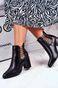 Botki Damskie Na Słupku Wsuwane Z Gumkami Czarne Vibo