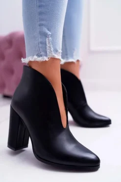 Botki Damskie Na Słupku Wsuwane z Wycięciami Czarne Mantana