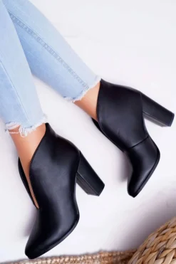 Botki Damskie Na Słupku Wsuwane z Wycięciami Czarne Mantana