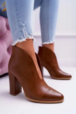 Botki Damskie Na Słupku Wsuwane z Wycięciami Brązowe Mantana