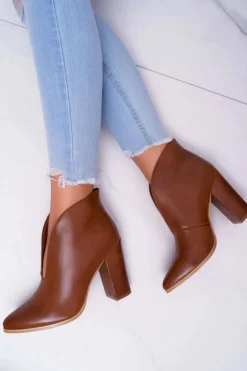 Botki Damskie Na Słupku Wsuwane z Wycięciami Brązowe Mantana