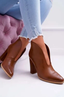 Botki Damskie Na Słupku Wsuwane z Wycięciami Brązowe Mantana