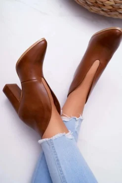 Botki Damskie Na Słupku Wsuwane z Wycięciami Brązowe Mantana