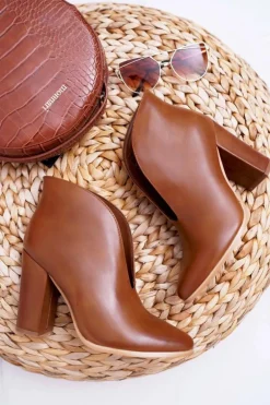 Botki Damskie Na Słupku Wsuwane z Wycięciami Brązowe Mantana