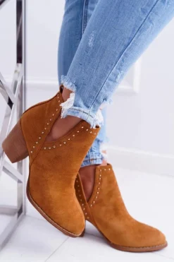 Botki Damskie Na Słupku Wsuwane z Wycięciami Camel ManiMani