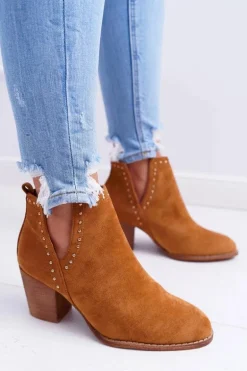 Botki Damskie Na Słupku Wsuwane z Wycięciami Camel ManiMani