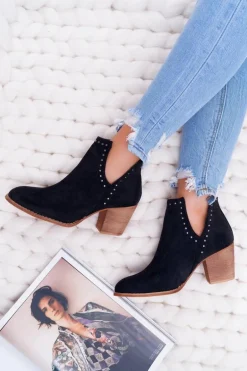 Botki Damskie Na Słupku Wsuwane z Wycięciami Czarne ManiMani