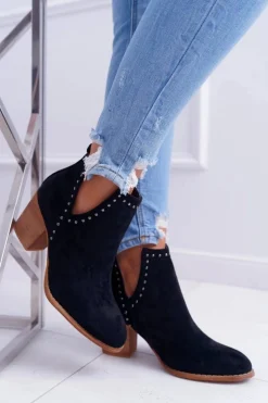 Botki Damskie Na Słupku Wsuwane z Wycięciami Czarne ManiMani