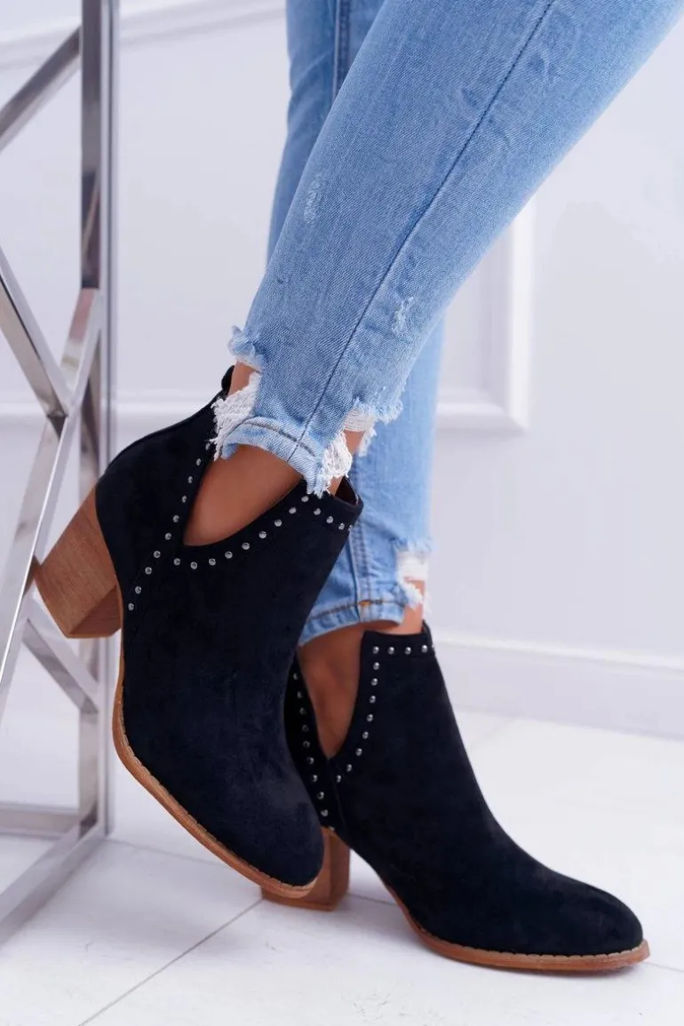 Botki Damskie Na Słupku Wsuwane z Wycięciami Czarne ManiMani