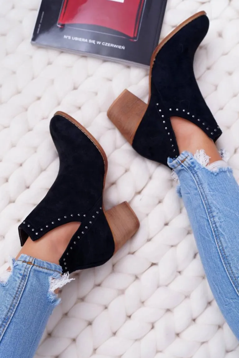 Botki Damskie Na Słupku Wsuwane z Wycięciami Czarne ManiMani