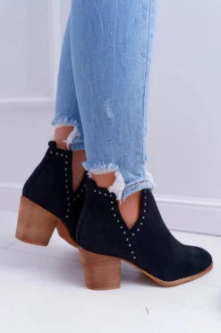 Botki Damskie Na Słupku Wsuwane z Wycięciami Czarne ManiMani