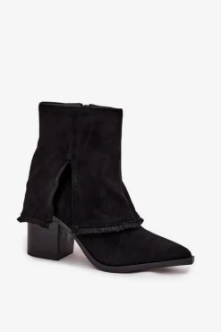 Botki Damskie Na Słupku Z Wywiniętą Cholewką Czarne Idalia