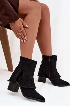 Botki Damskie Na Słupku Z Wywiniętą Cholewką Czarne Idalia