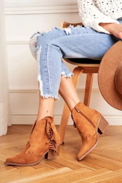 Botki Damskie Na Słupku Z Frędzlami Kowbojki Camel Sibi