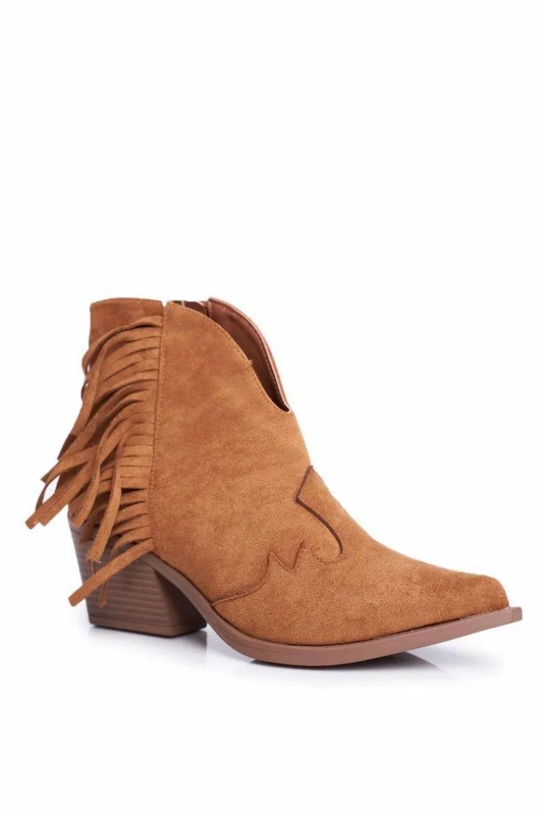 Botki Damskie Na Słupku Z Frędzlami Kowbojki Camel Sibi