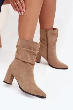 Botki Damskie Na Słupku Z Marszczeniem Ocieplane Beżowe Amelise