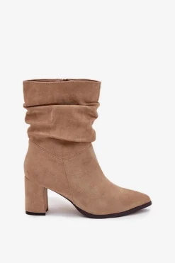 Botki Damskie Na Słupku Z Marszczeniem Ocieplane Beżowe Amelise