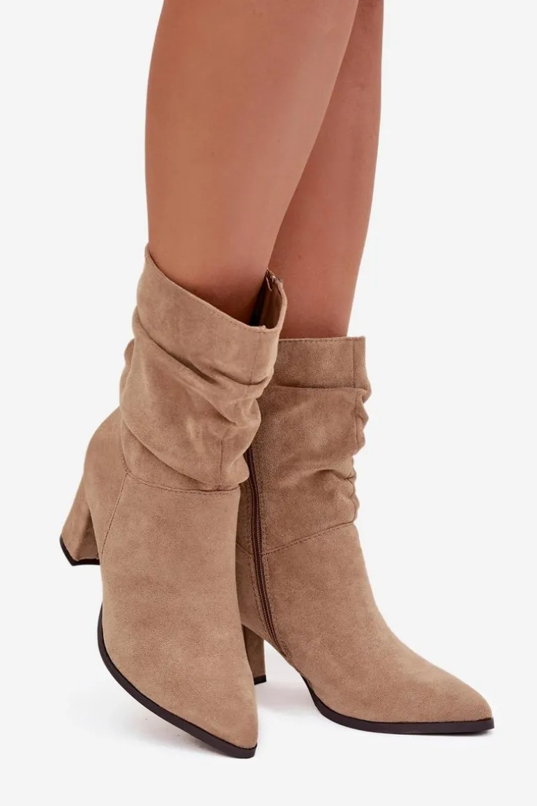 Botki Damskie Na Słupku Z Marszczeniem Ocieplane Beżowe Amelise