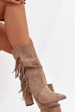 Botki Damskie Na Słupku Z Frędzlami I Marszczeniem Ocieplane Beżowe Darlina