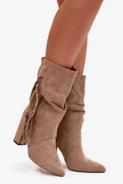 Botki Damskie Na Słupku Z Frędzlami I Marszczeniem Ocieplane Beżowe Darlina