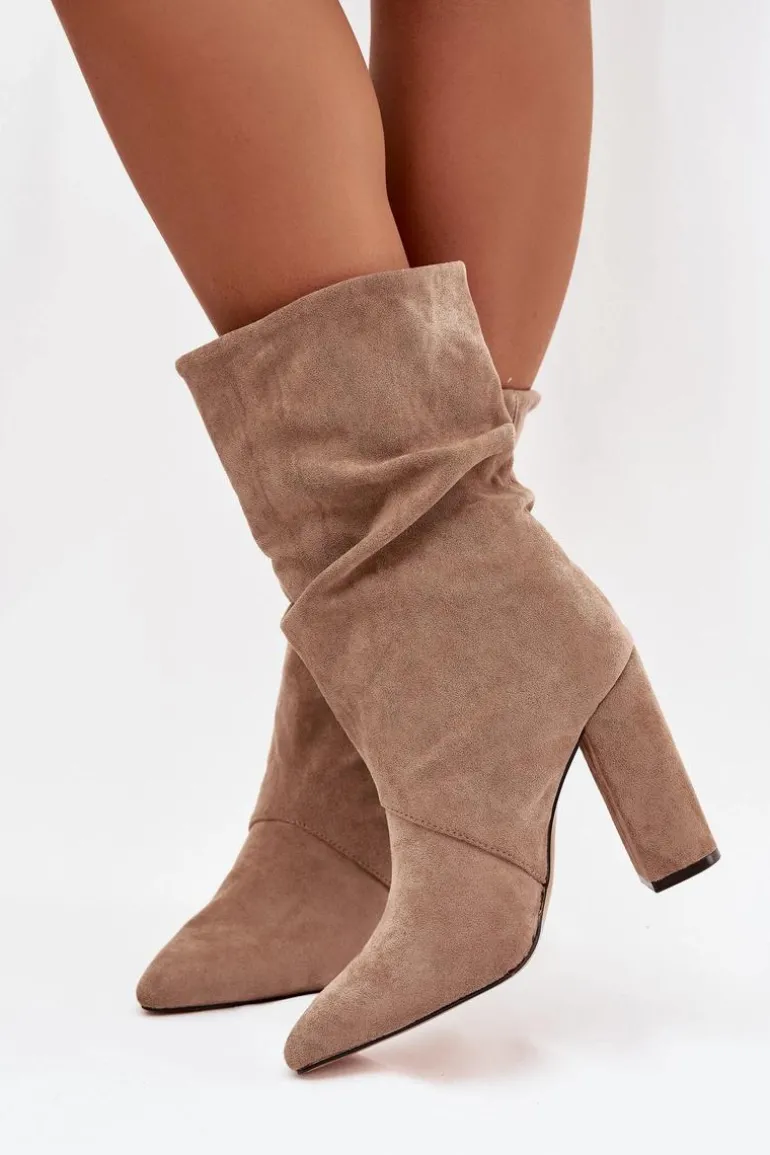 Botki Damskie Na Słupku Z Frędzlami I Marszczeniem Ocieplane Beżowe Darlina