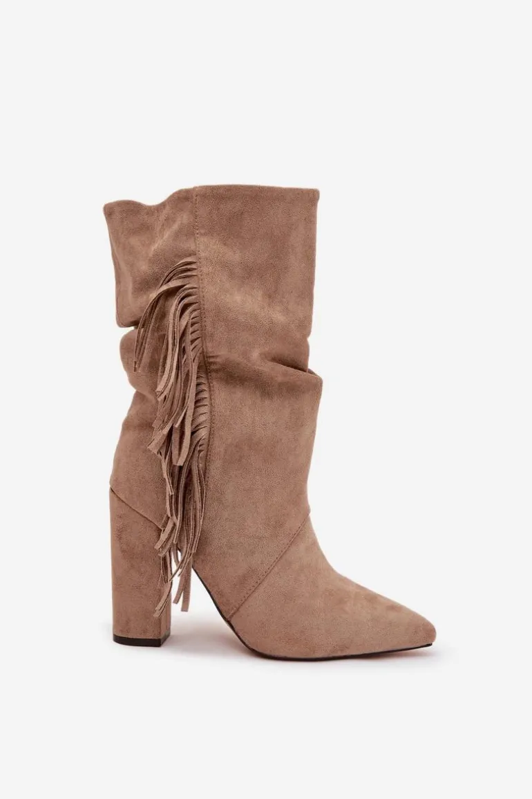 Botki Damskie Na Słupku Z Frędzlami I Marszczeniem Ocieplane Beżowe Darlina