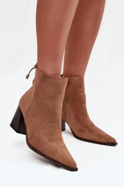 Botki Damskie Na Słupku Z Wiązaniem Camel Halisse