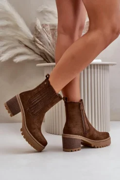 Botki Damskie Na Słupku Z Eko Zamszu Ocieplane Ciemnobrązowe Nevitas