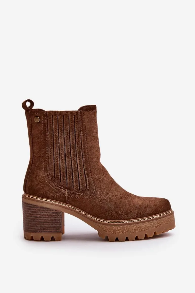 Botki Damskie Na Słupku Z Eko Zamszu Ocieplane Ciemnobrązowe Nevitas