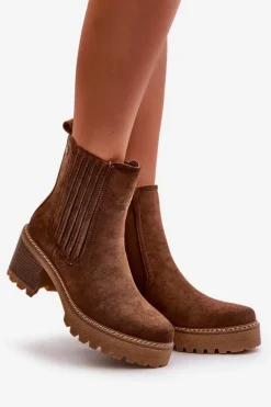 Botki Damskie Na Słupku Z Eko Zamszu Ocieplane Ciemnobrązowe Nevitas