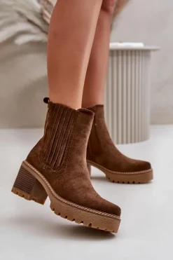 Botki Damskie Na Słupku Z Eko Zamszu Ocieplane Ciemnobrązowe Nevitas