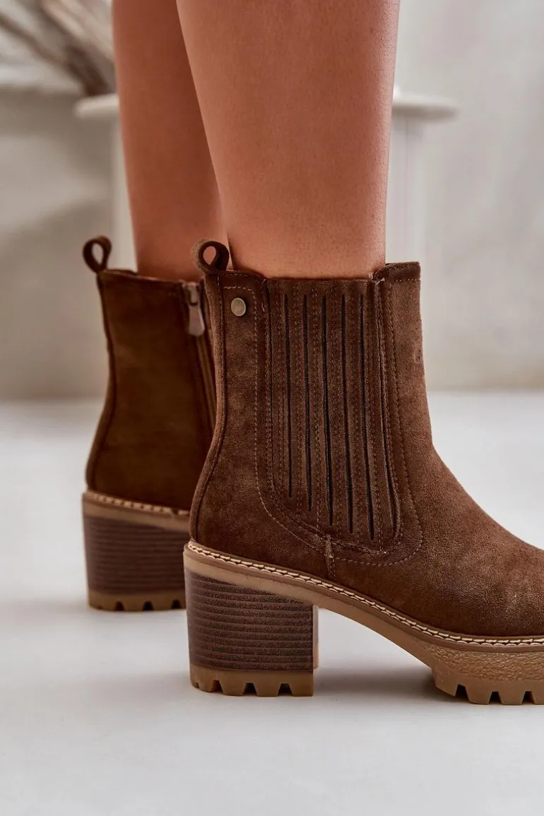 Botki Damskie Na Słupku Z Eko Zamszu Ocieplane Ciemnobrązowe Nevitas