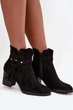 Botki Damskie Na Słupku Z Frędzlami Czarne Rosabella
