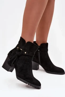 Botki Damskie Na Słupku Z Frędzlami Czarne Rosabella