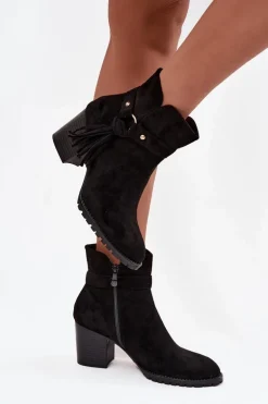 Botki Damskie Na Słupku Z Frędzlami Czarne Rosabella
