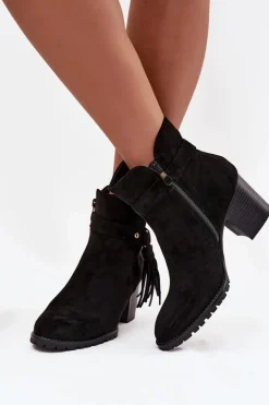 Botki Damskie Na Słupku Z Frędzlami Czarne Rosabella