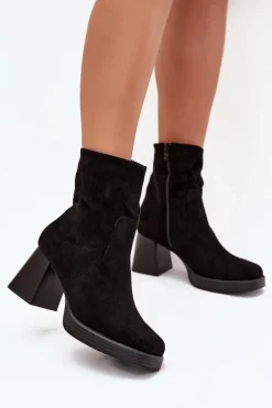 Botki Damskie Na Słupku Z Eko Zamszu Zamek Czarne Serinna