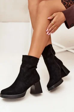 Botki Damskie Na Słupku Z Eko Zamszu Zamek Czarne Serinna